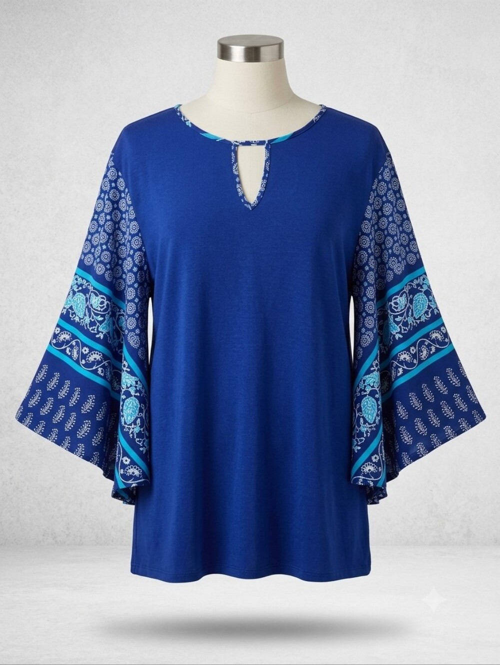 Chico's Royal Blue Long Sleeve Tunic with Printed Sleeves, Size XXL(Chicos 4)
